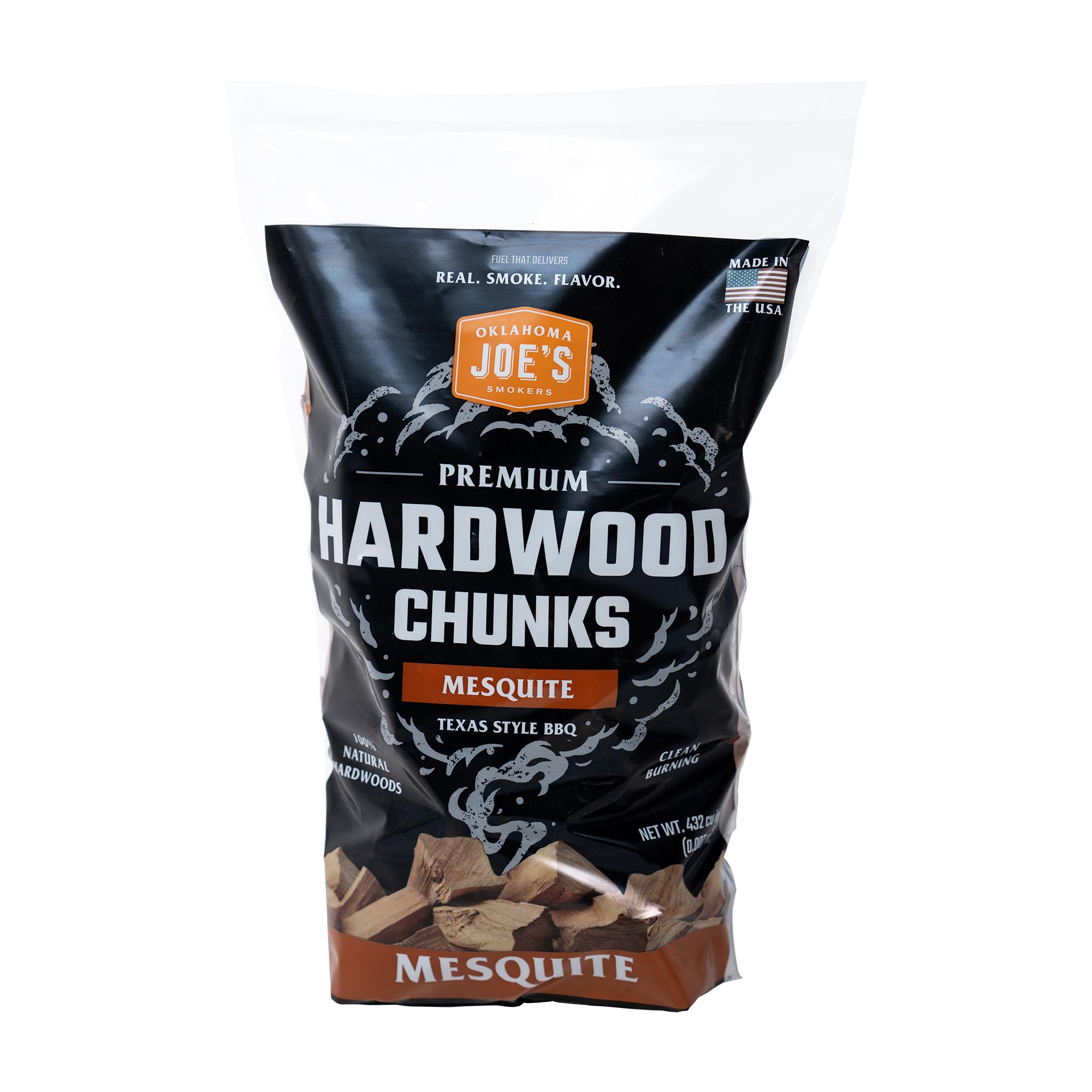 Oklahoma Joe's Mesquite Wood Chunks bag front ready to add authentic smoke.