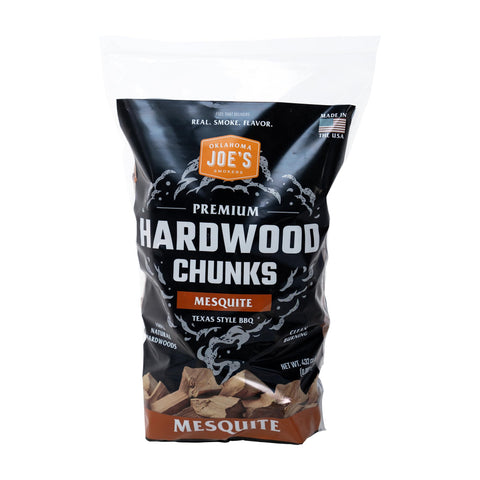 Oklahoma Joe's Mesquite Wood Chunks bag front ready to add authentic smoke.