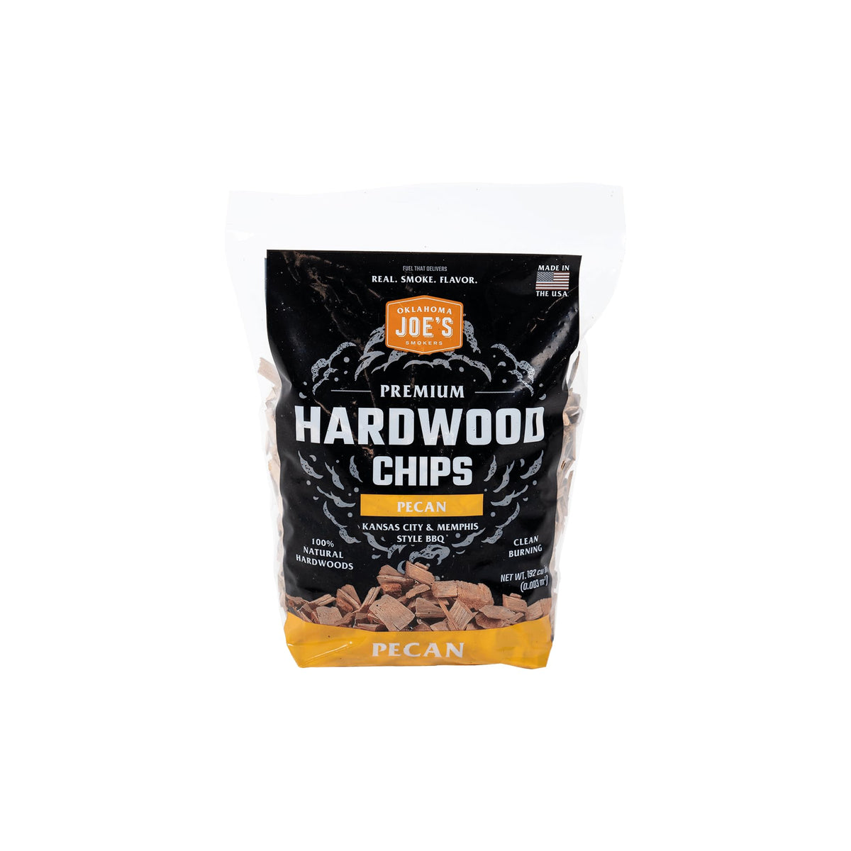 Oklahoma Joe's pecan wood chips bag front for authentic backyard smoke flavor