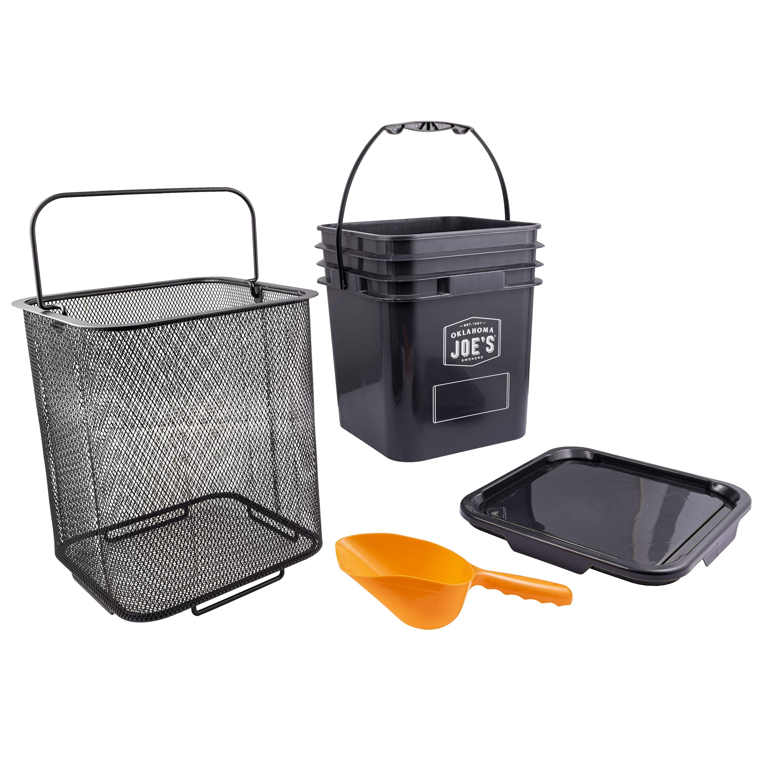 Oklahoma Joe's pellet bucket kit main container with airtight lid keeps hardwood pellets dry.