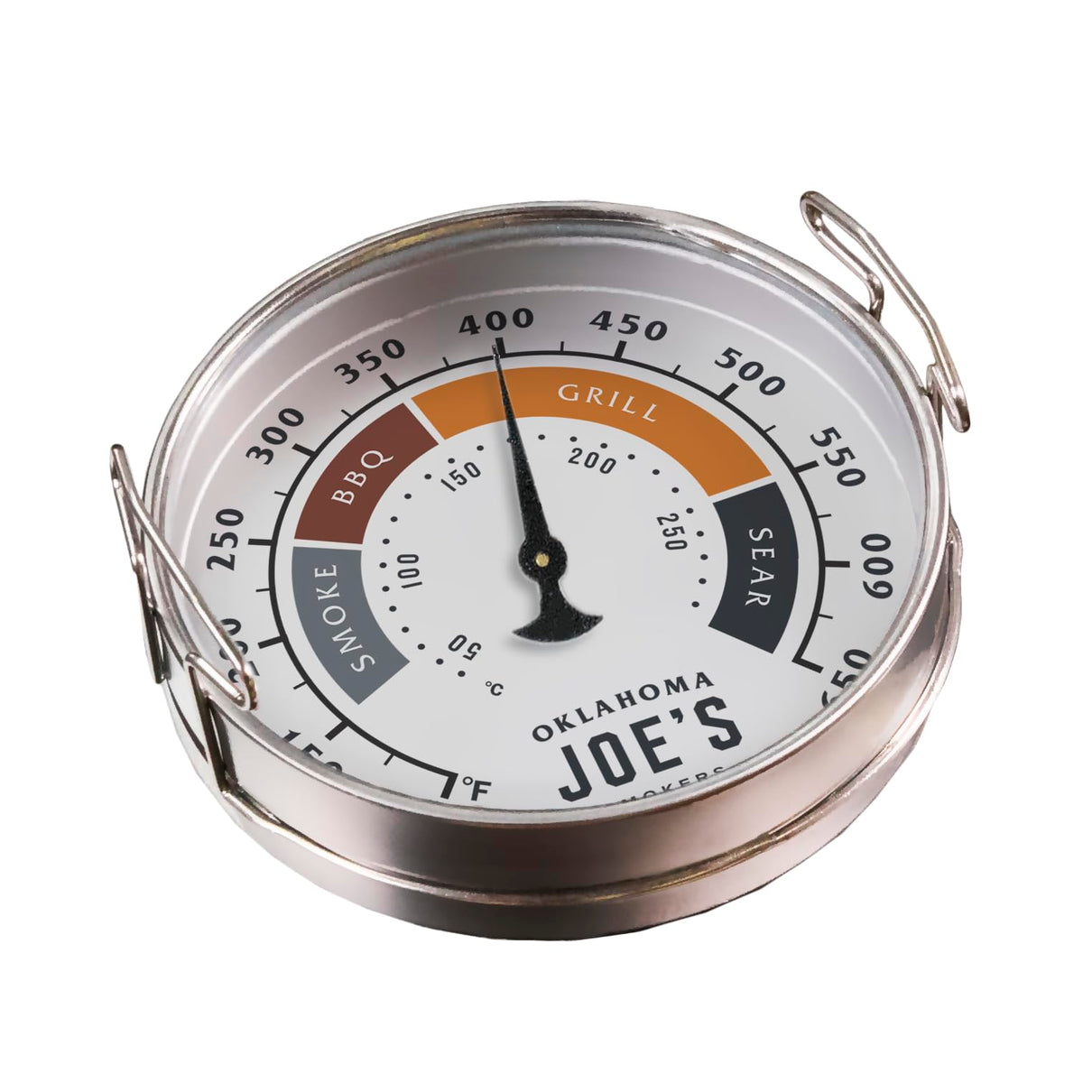 Oklahoma Joe's 2-pack gauges on grill surface for precise temperature readings