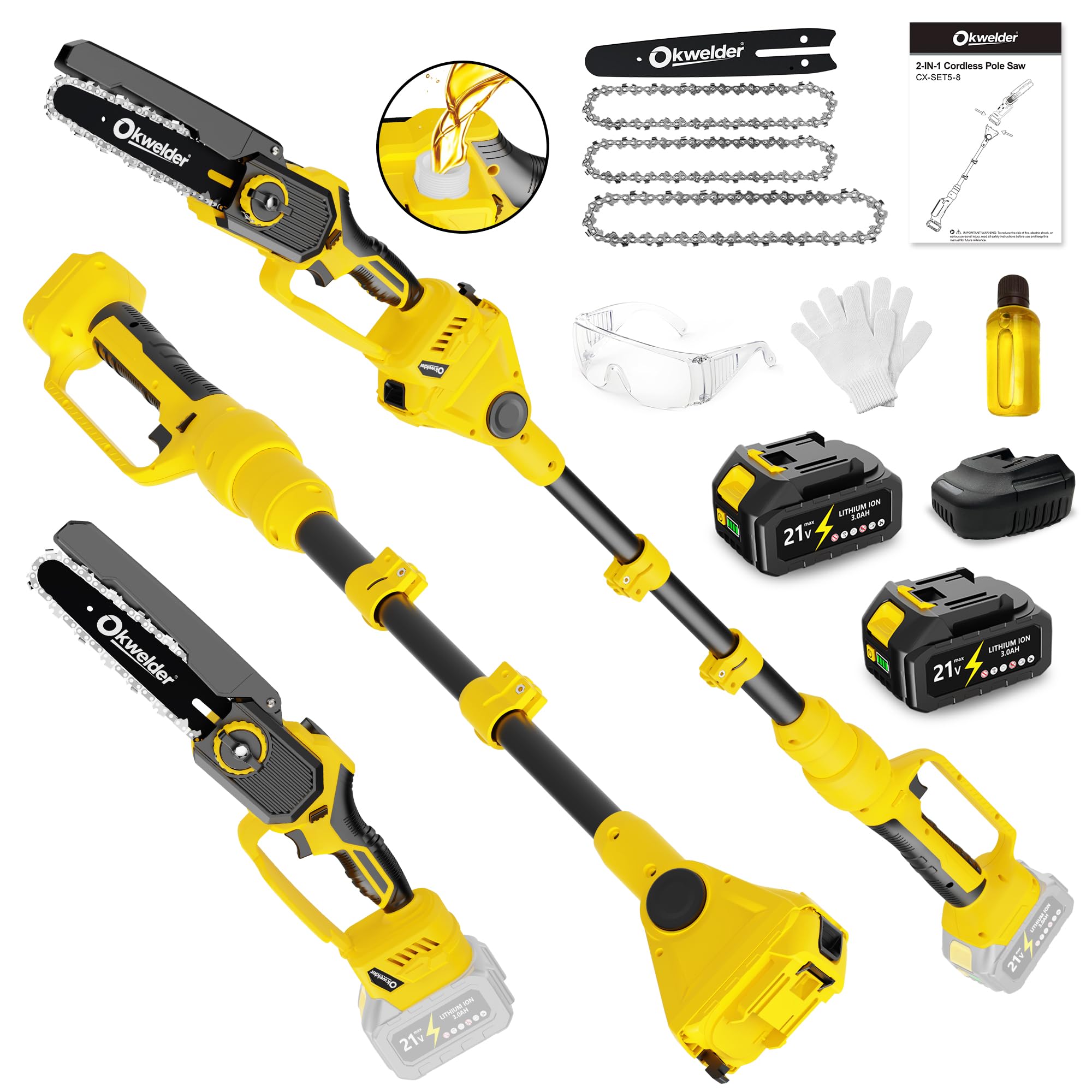 Okwelder cordless pole saw 8-inch in action pruning tall branches efficiently.