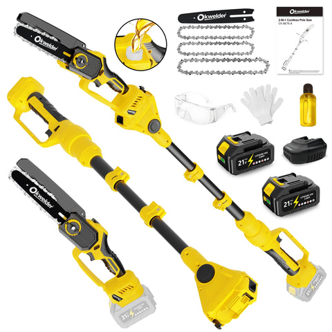 Okwelder cordless pole saw 8-inch in action pruning tall branches efficiently.