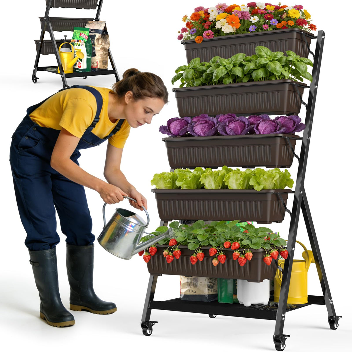Olaiti 5-tier vertical garden on wheels for easy mobile balcony growing.