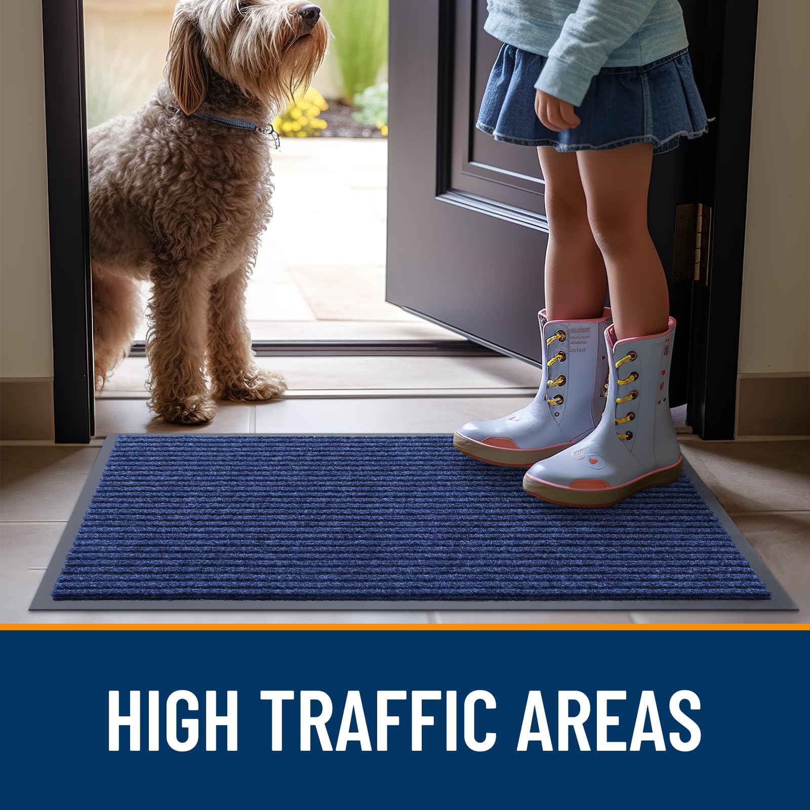 OLANLY blue front door mat adds curb appeal while protecting floors.