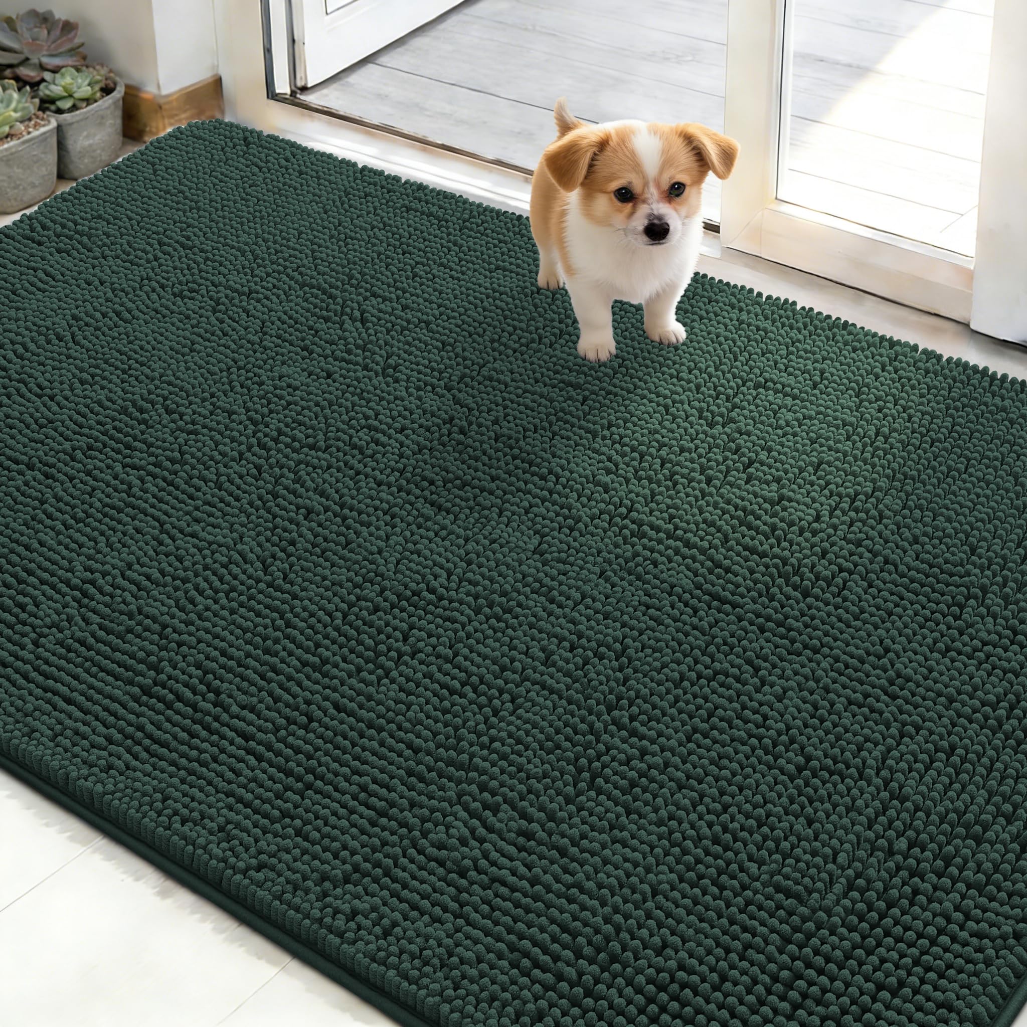 OLANLY dog door mat shows muddy paw print; absorbs moisture to keep floors clean.