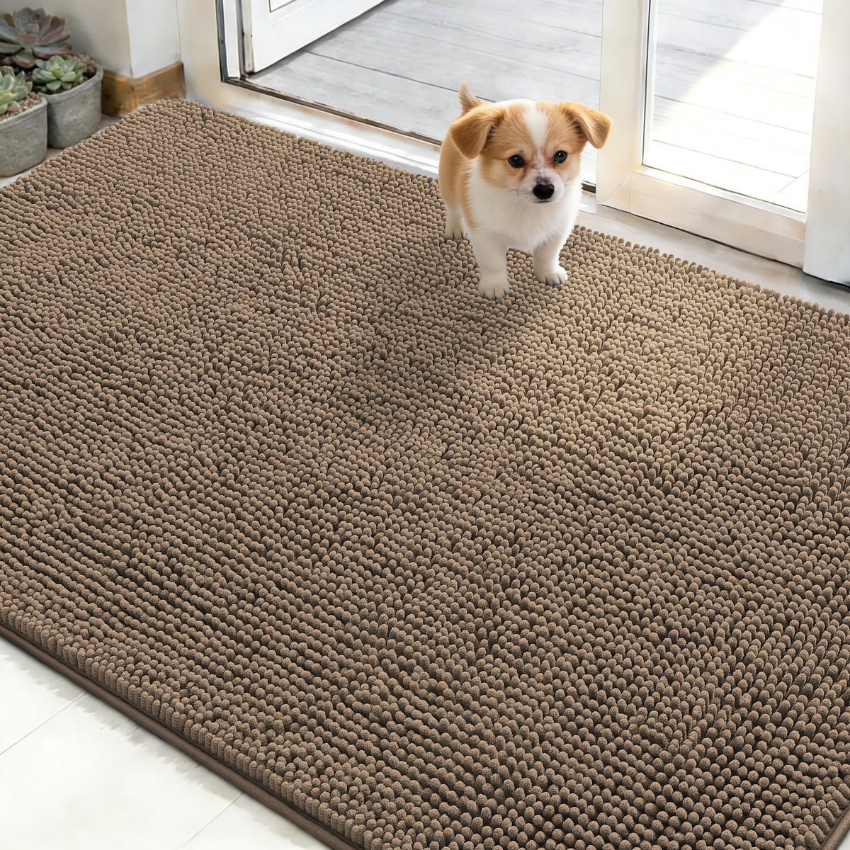 OLANLY dog door mat with muddy paws; absorbs moisture to keep entry clean.