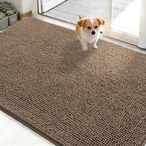 OLANLY dog door mat with muddy paws; absorbs moisture to keep entry clean.