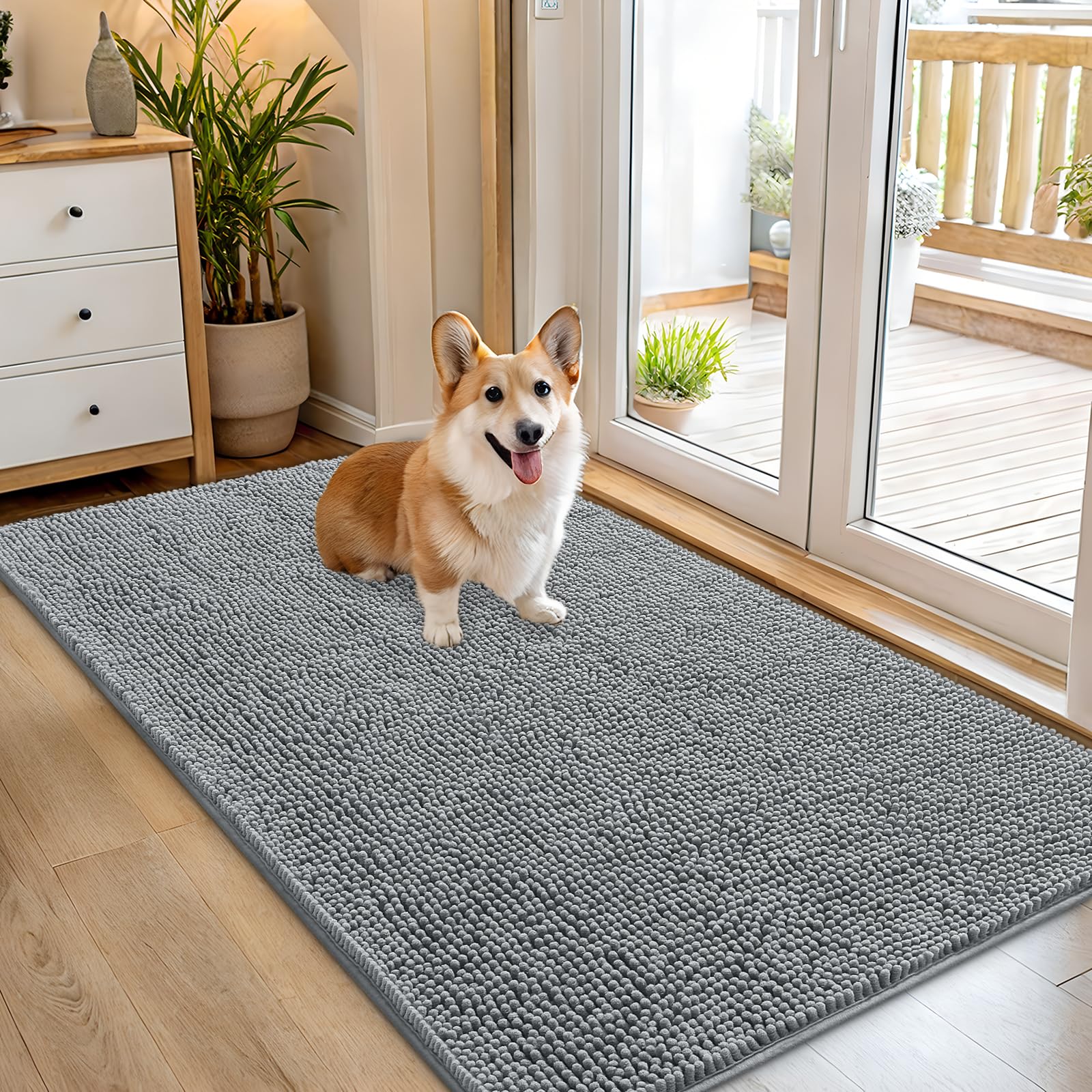 OLANLY dog door mat with muddy paws, absorbing moisture to keep entry clean.