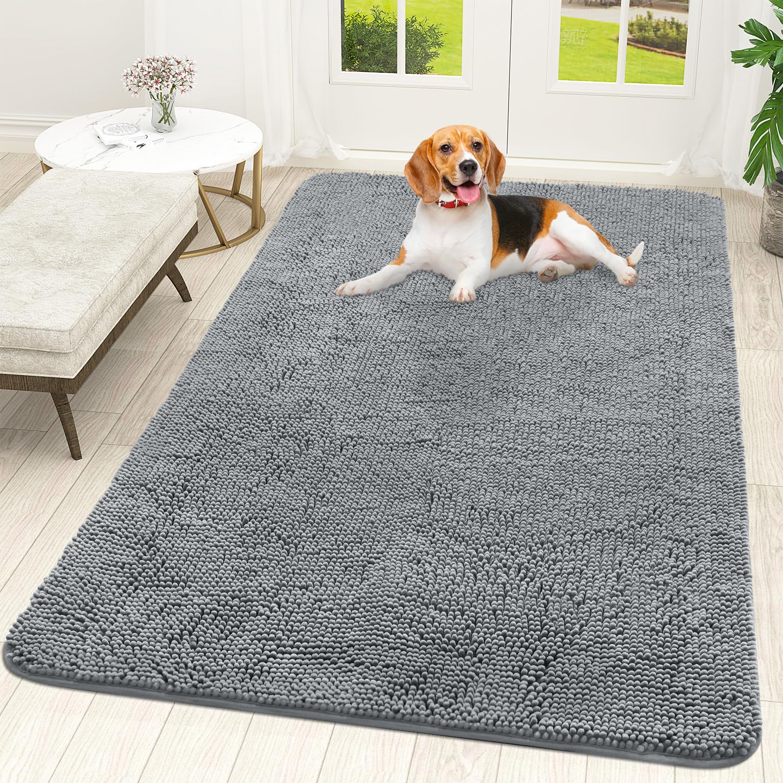 OLANLY dog door mat with absorbent chenille traps muddy paws at the entry.