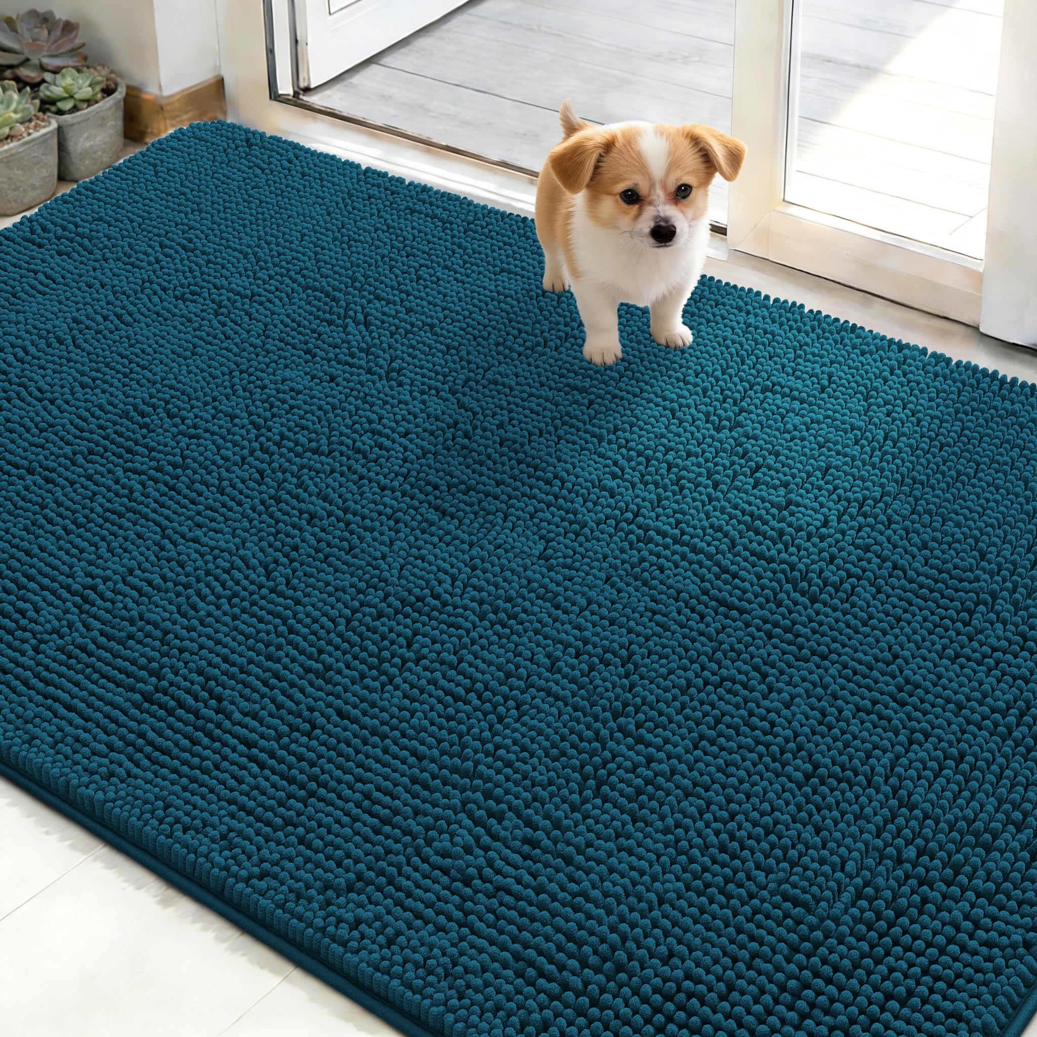 OLANLY dog door mat in Atlantic Blue showing moisture absorption at entry