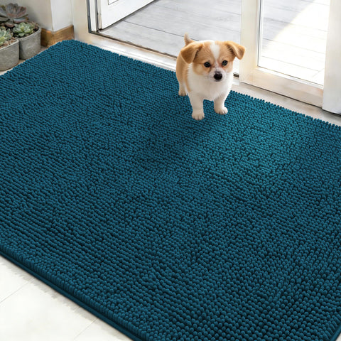OLANLY dog door mat in Atlantic Blue showing moisture absorption at entry