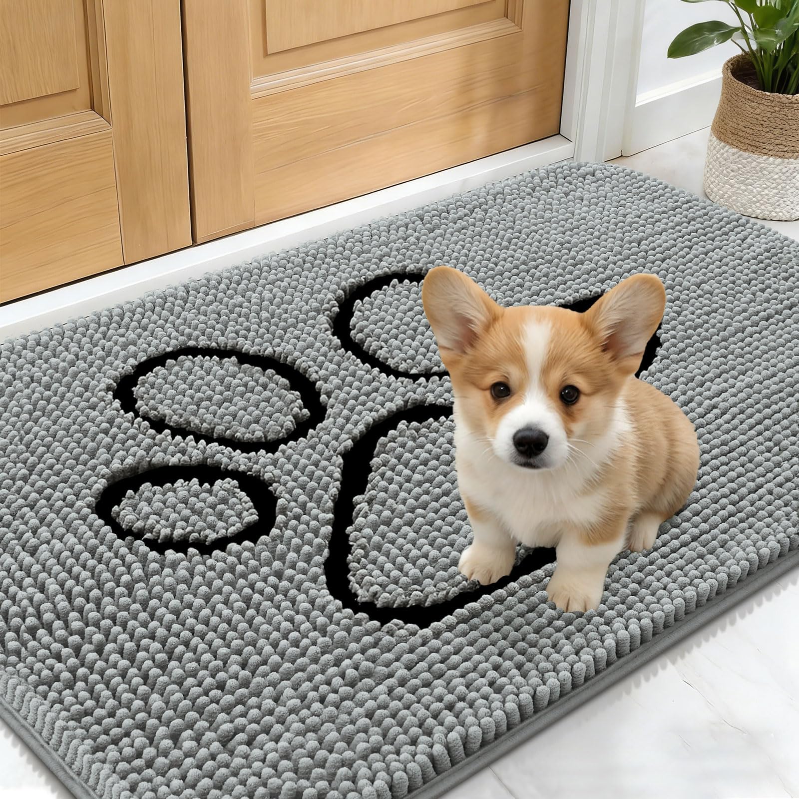 OLANLY dog door mat in grey catching mud and moisture at entry
