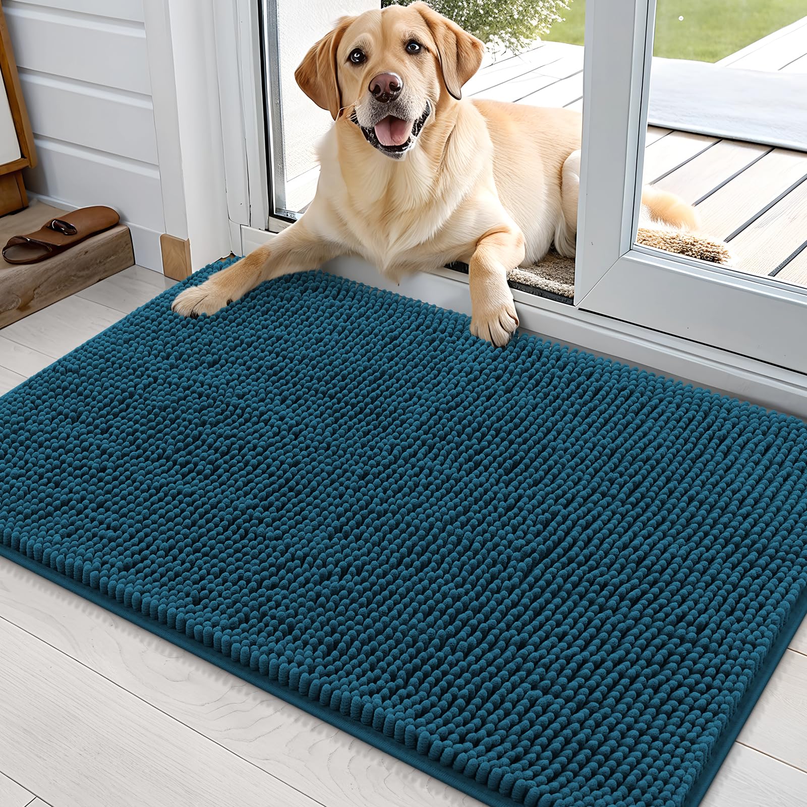 OLANLY dog door mat captures muddy paws at the entrance, Atlantic blue, reducing indoor tracking.