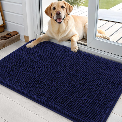 OLANLY dog door mat with navy chenille traps mud from paws.