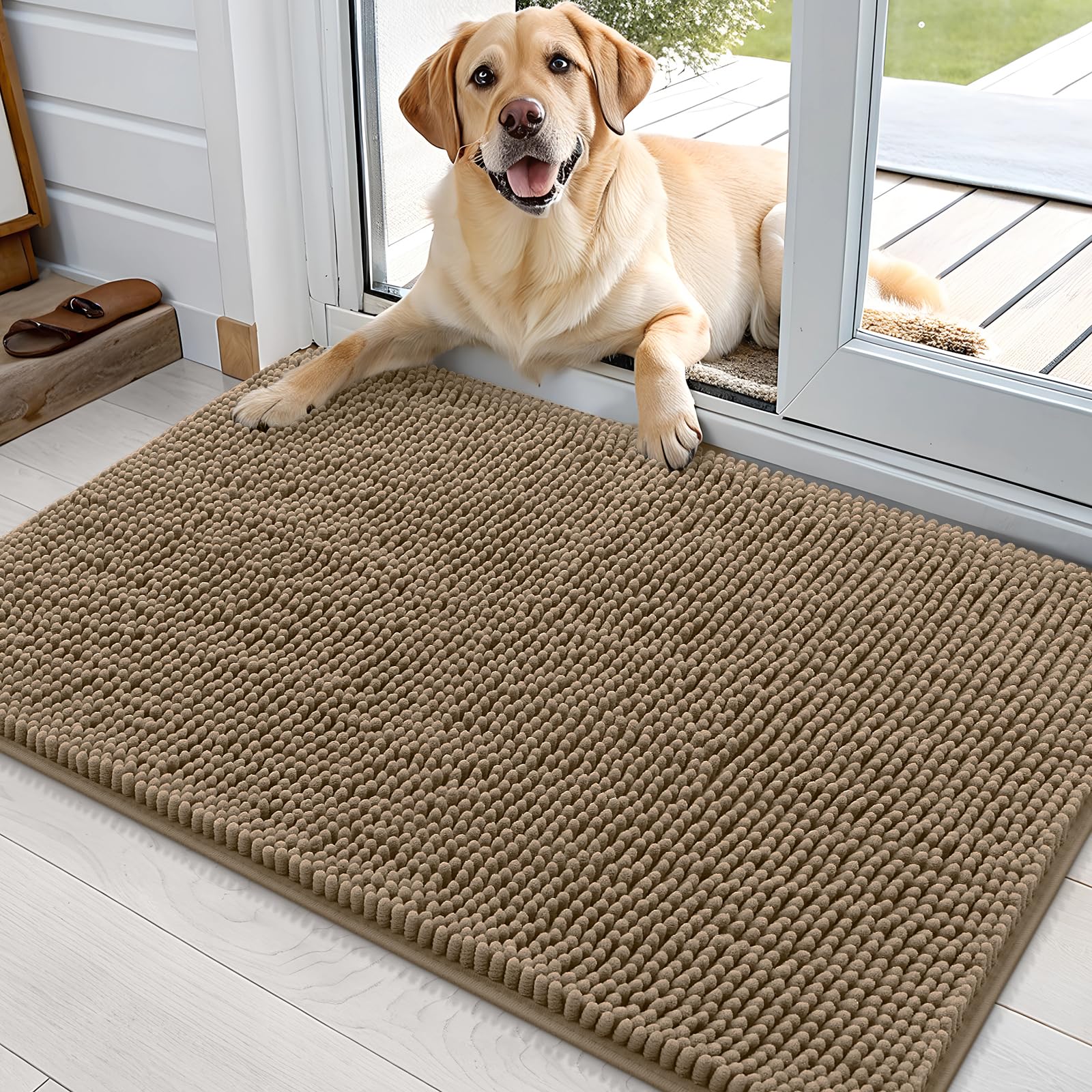 OLANLY dog door mat in tan captures muddy paws at the entry, keeping floors cleaner.