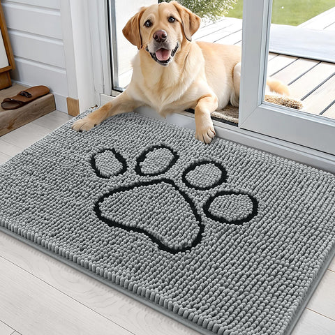 OLANLY dog door mat with muddy paws design traps moisture for a cleaner entry.