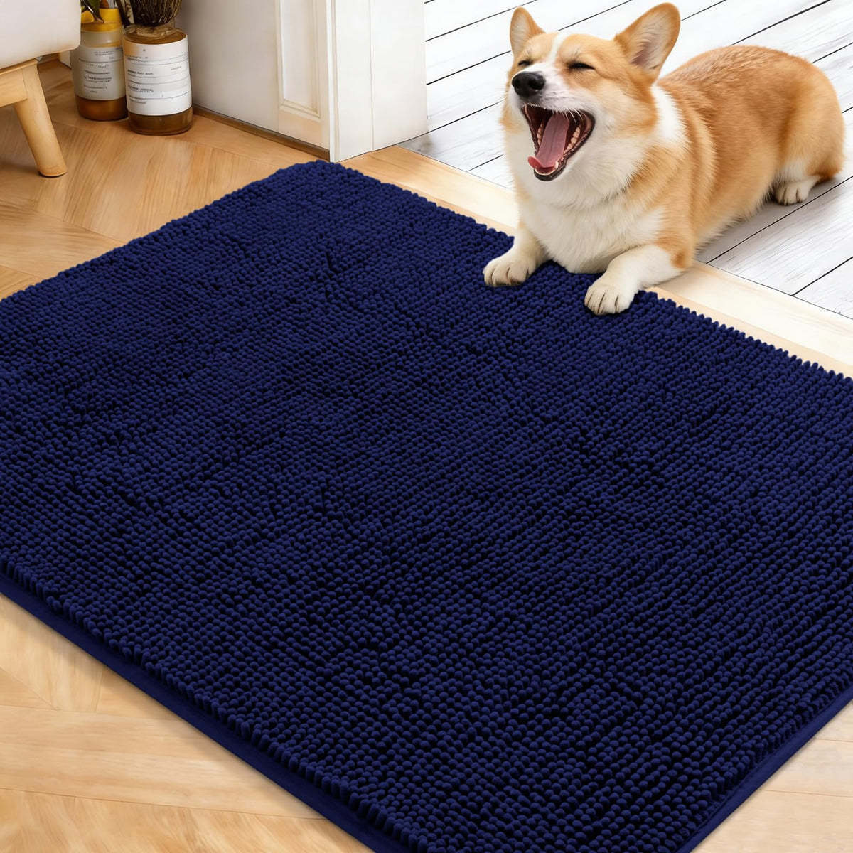 OLANLY dog door mat navy blue with plush chenille for moisture absorption