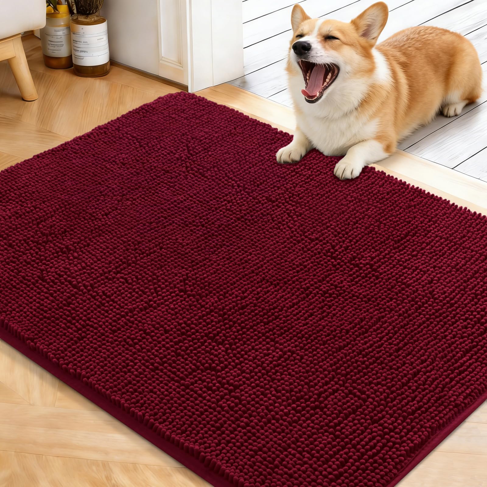 OLANLY dog door mat showing muddy paws and moisture absorption at the entrance