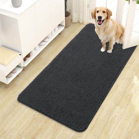 OLANLY dog door mat showing muddy paws; absorbs moisture for a cleaner entry.