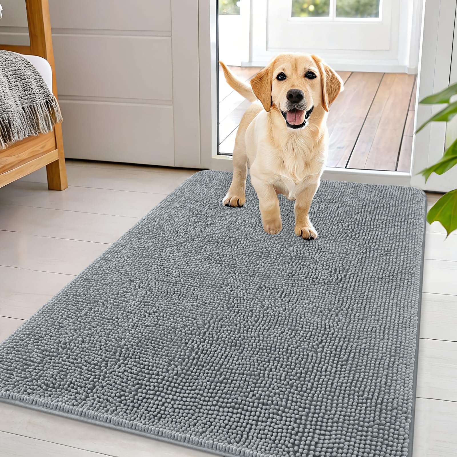 OLANLY dog door mat showing muddy paws at doorway; absorbs moisture to keep floors clean.