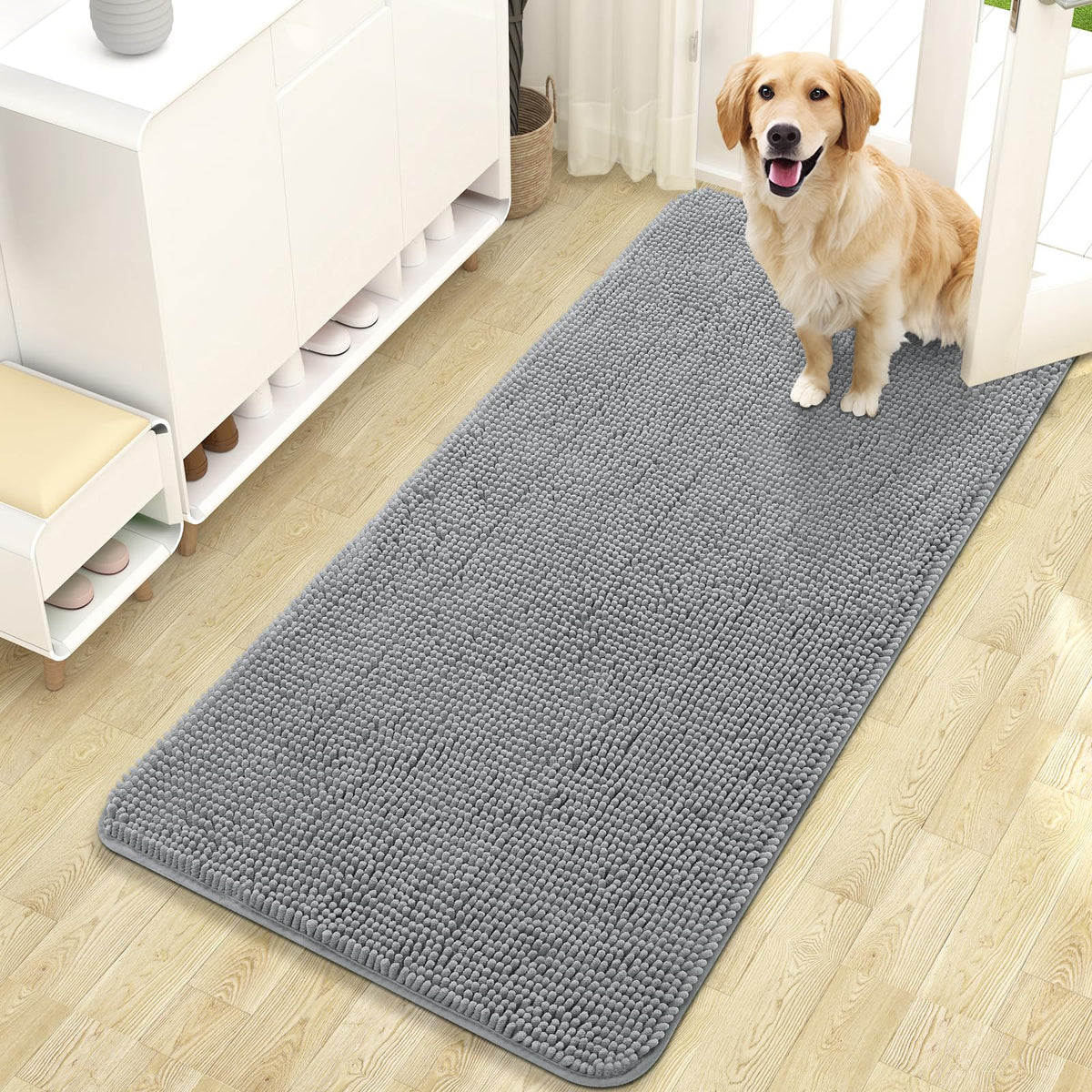 OLANLY Dog Door Mat captures muddy paw prints at the doorway.