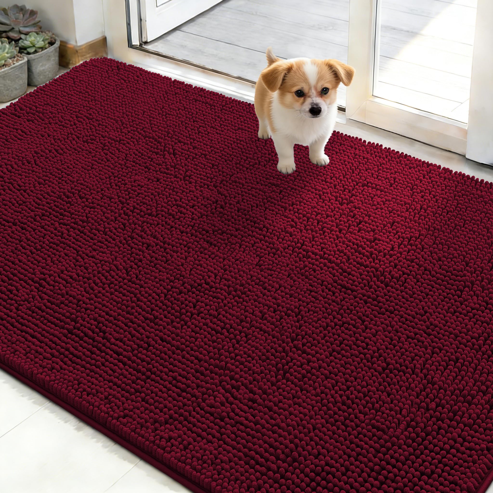 OLANLY dog door mat with muddy-paws close-up showing plush chenille fibers absorb moisture