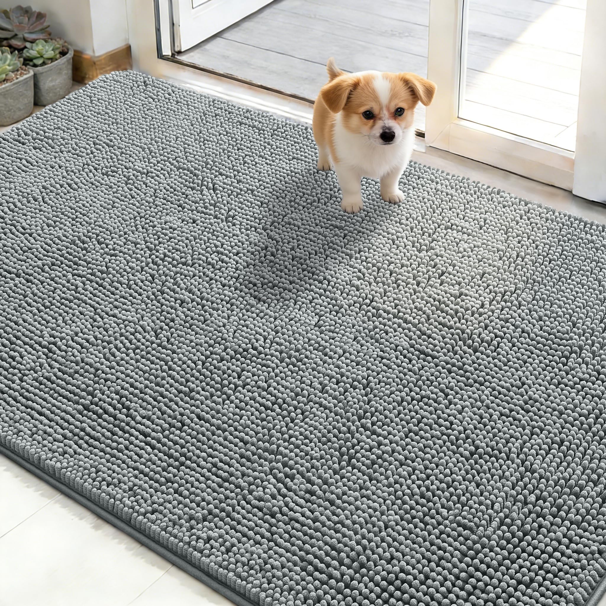 OLANLY dog door mat close-up highlights muddy paws and 48x30 coverage with strong absorption.
