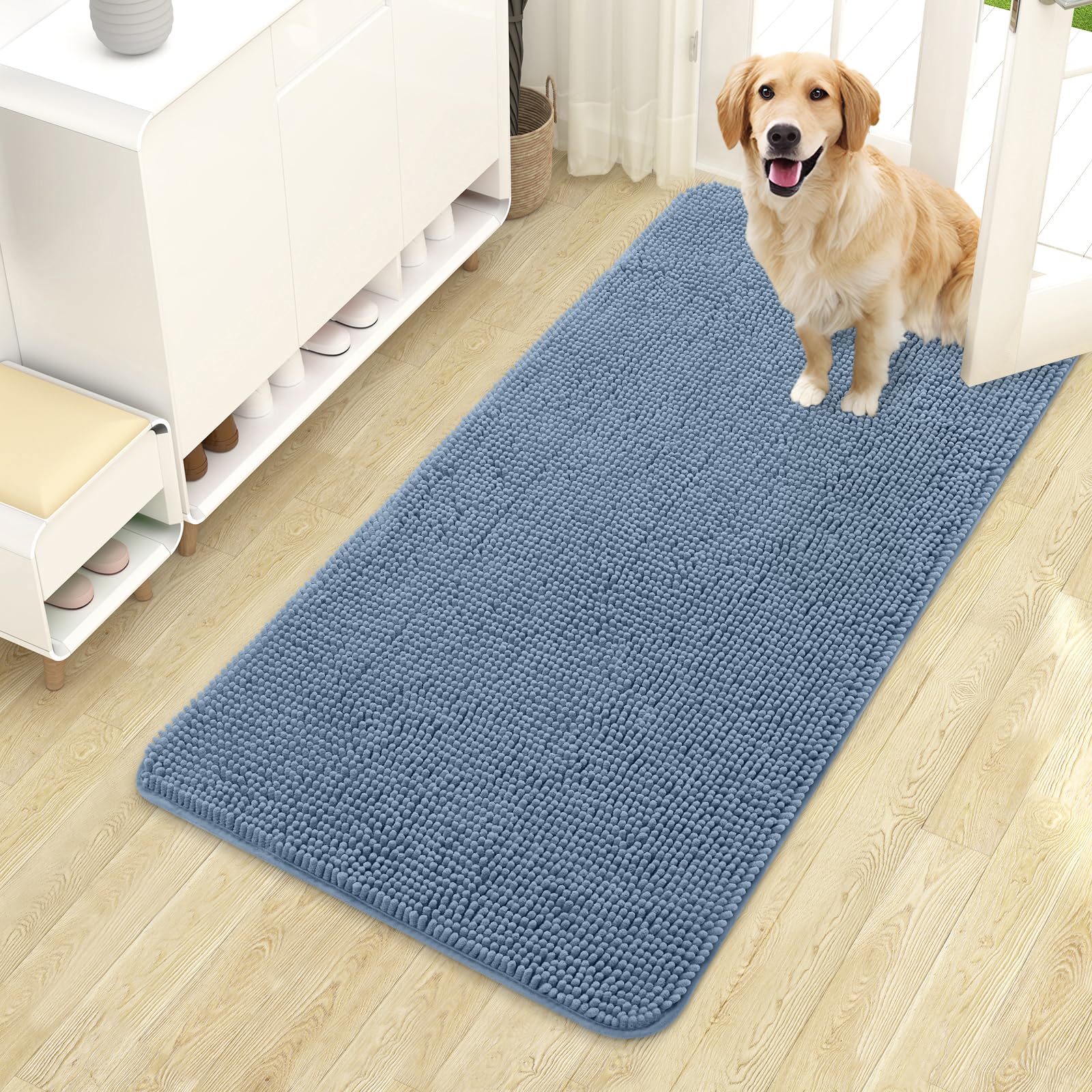 OLANLY dog door mat shows muddy-paws absorption for a cleaner entry.