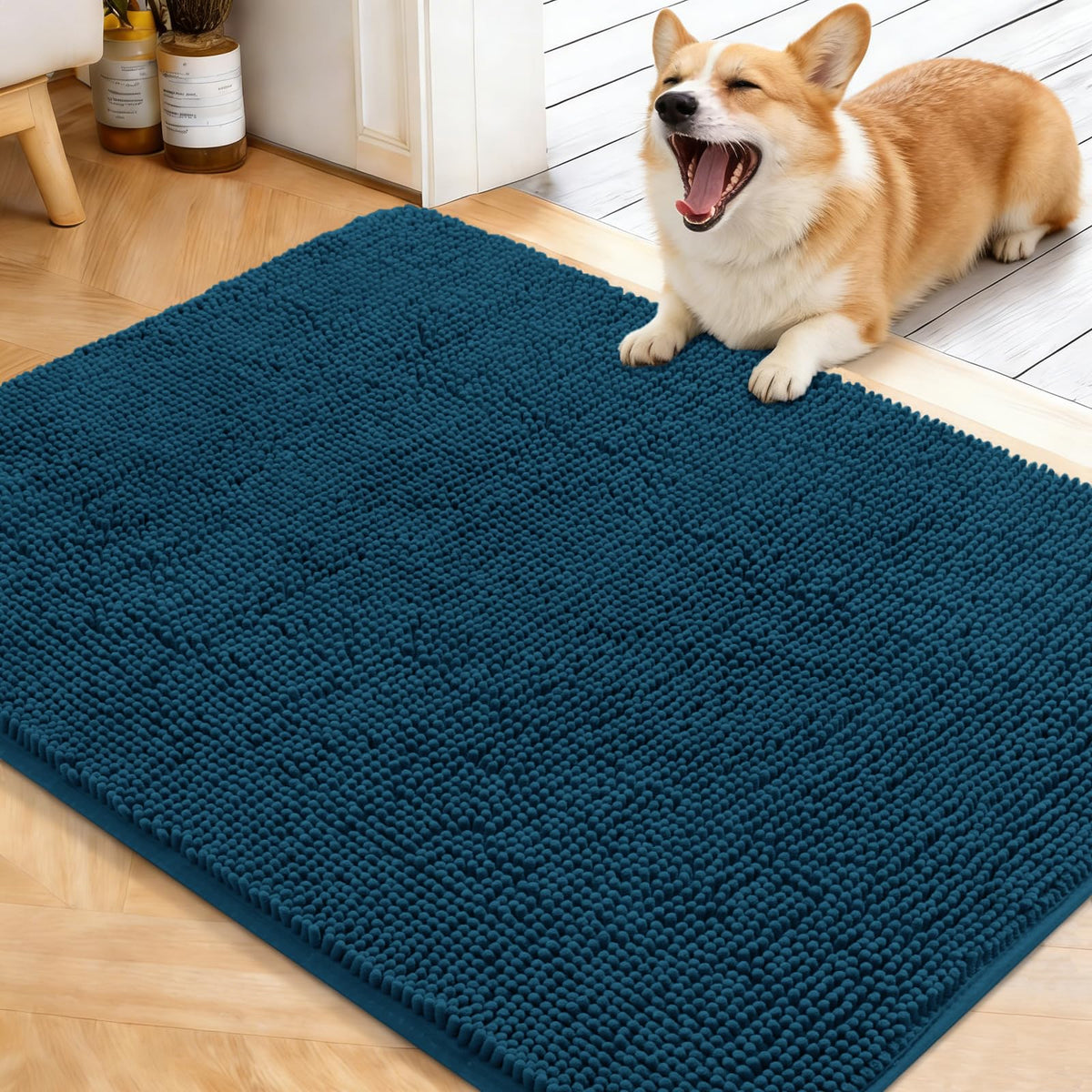 OLANLY dog door mat demonstrates muddy paw absorption and moisture control for clean entryway
