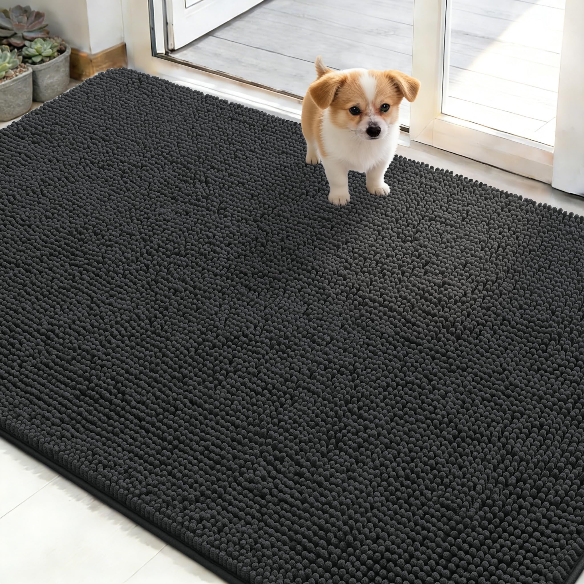 OLANLY dog door mat muddy paws closeup, plush chenille for cozy entryway comfort.