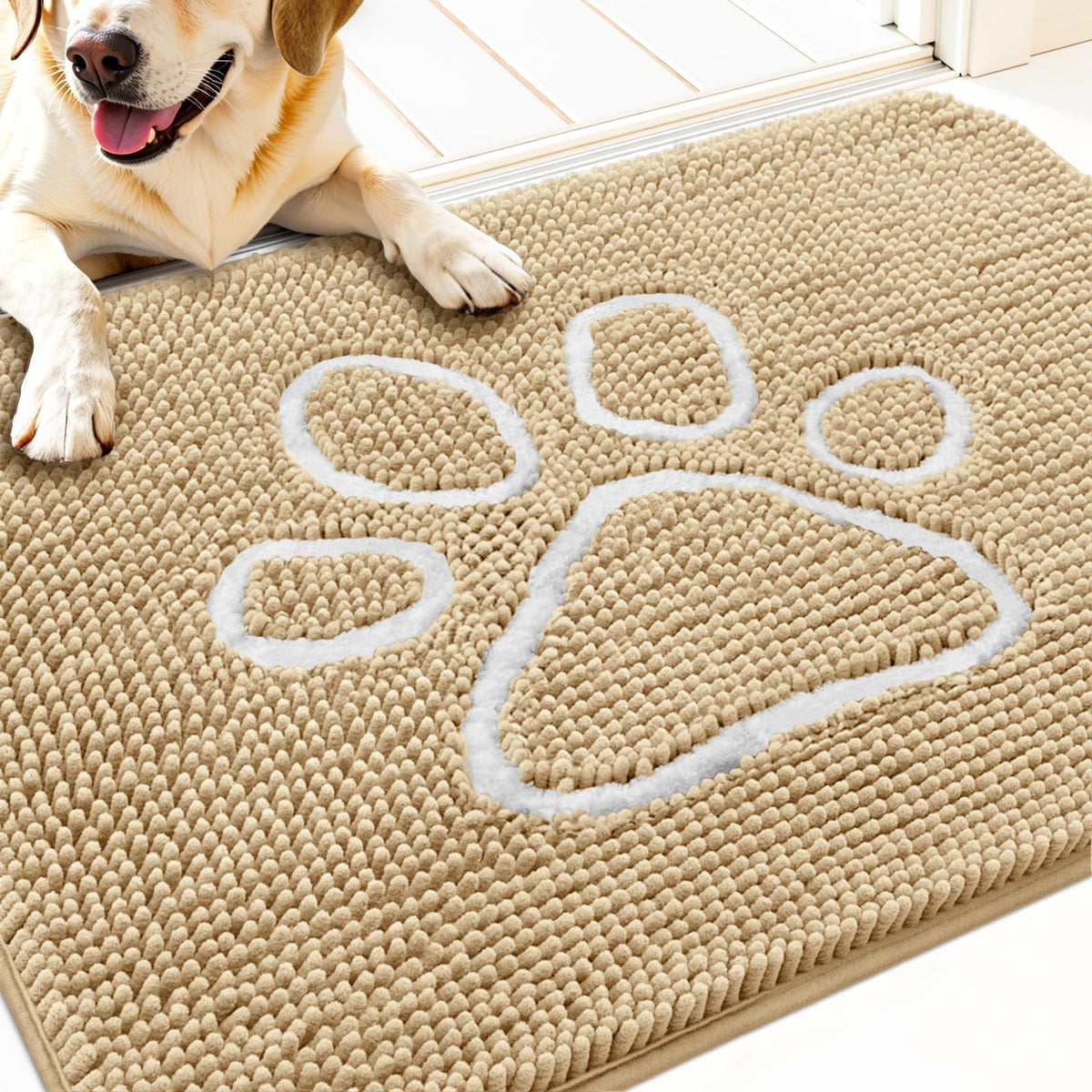 OLANLY dog door mat with paw print design traps mud at the entry.