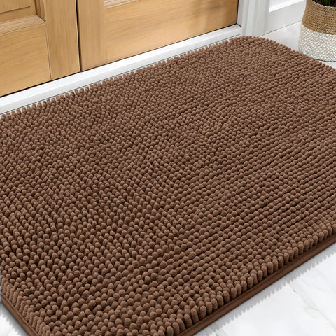 OLANLY dog door mat shows muddy paws with moisture absorption for a cleaner entry.