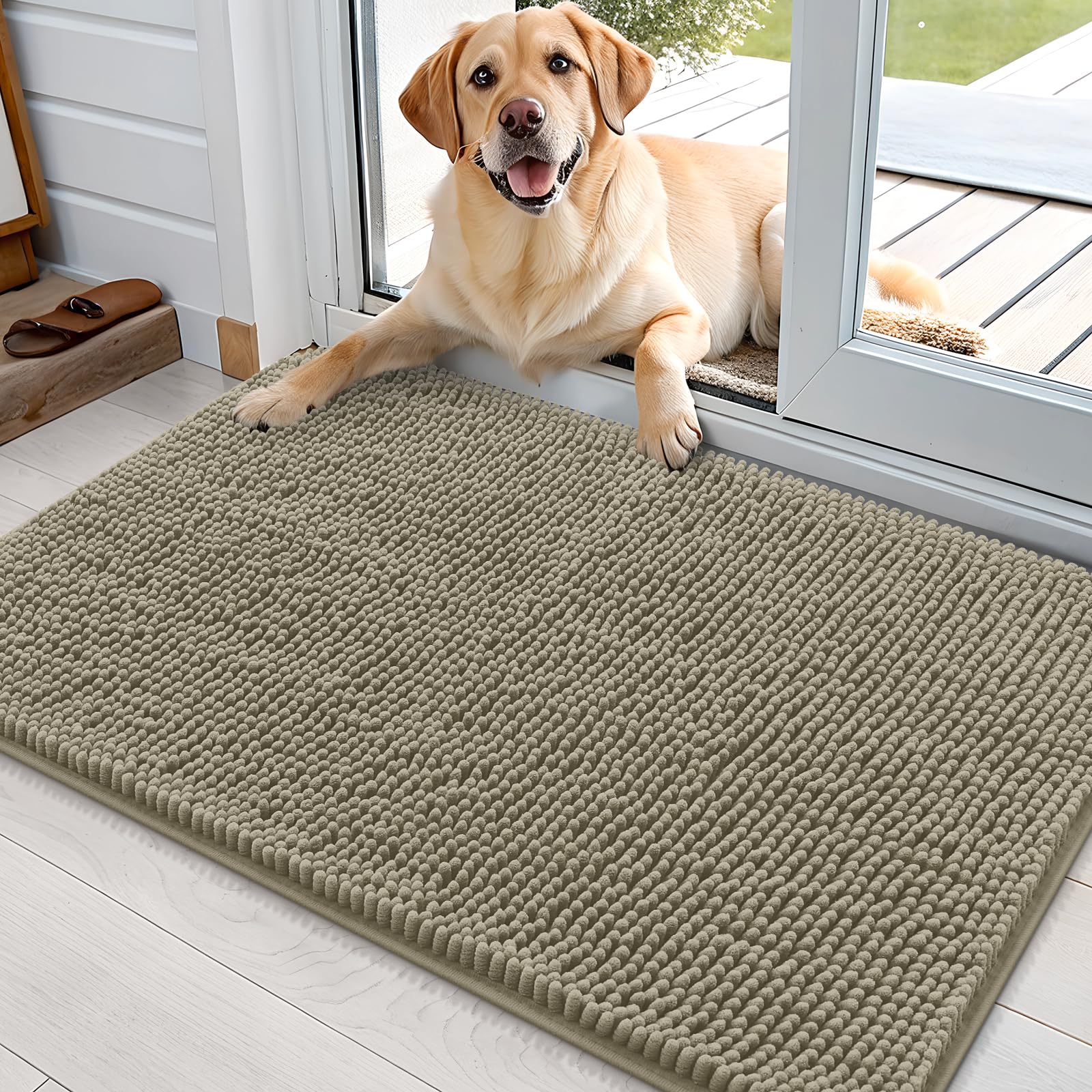 OLANLY dog door mat muddy paws highlights plush absorbent pile for quick cleanup.