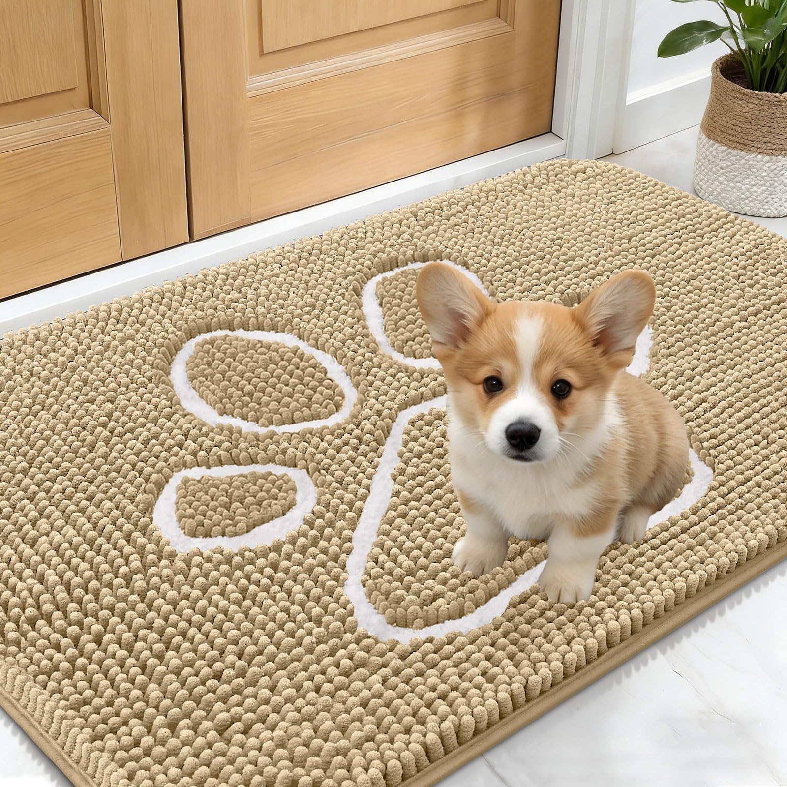 OLANLY dog door mat with paw print design absorbs moisture at the entry