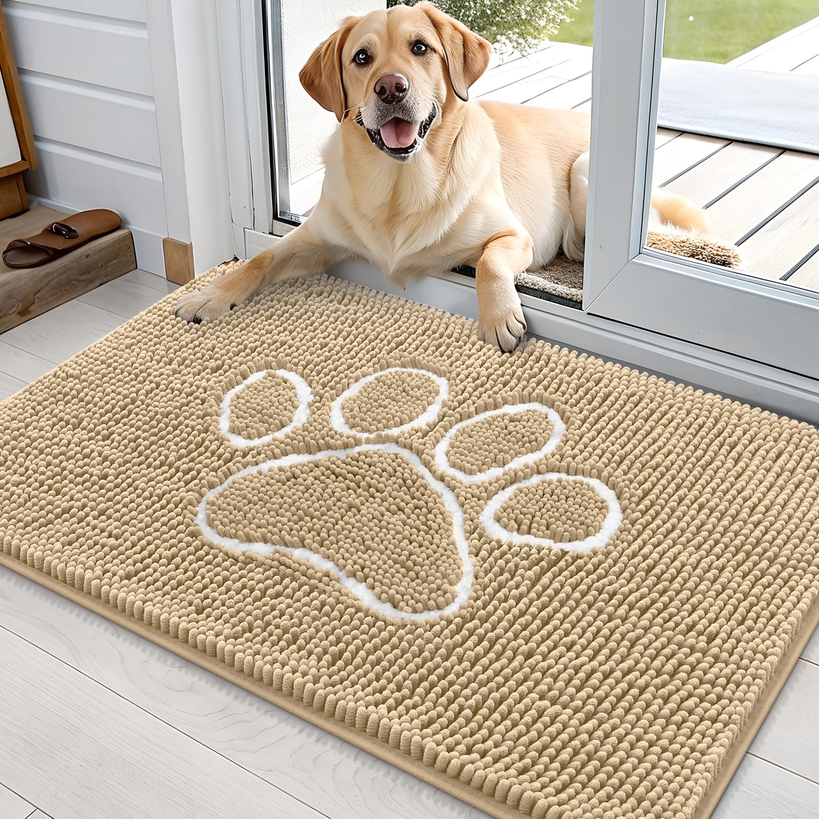 OLANLY dog door mat with paw-print design catches muddy paws at entry