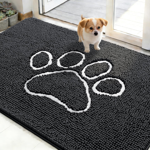 OLANLY dog door mat with paw print design absorbs dirt and moisture to protect floors.