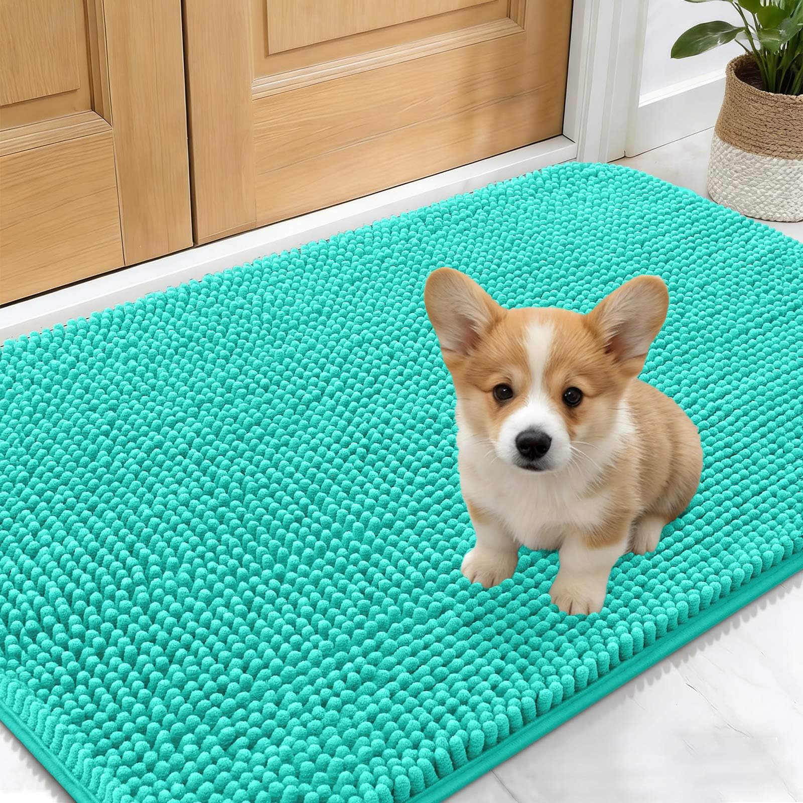 OLANLY dog door mat in teal traps mud from paws at the doorway.