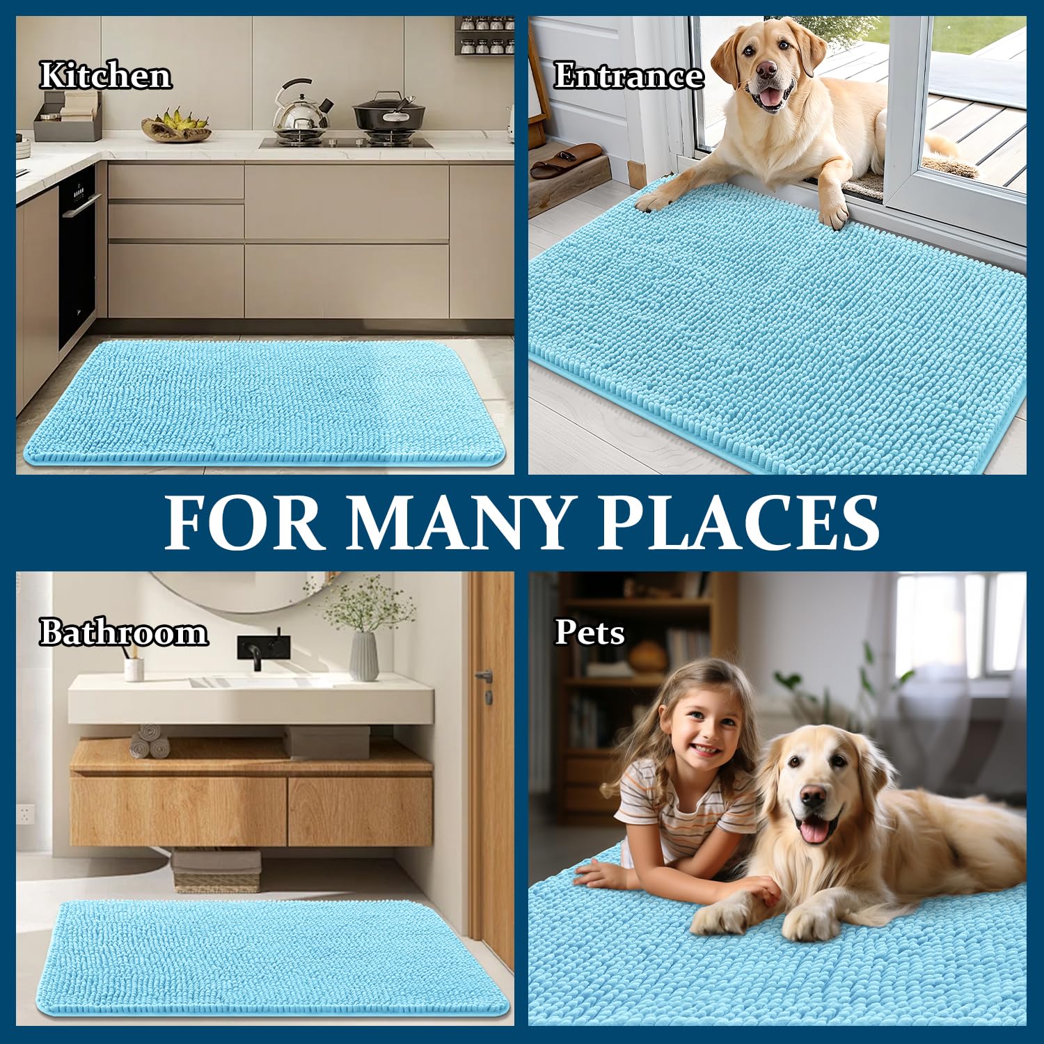 OLANLY dog door mat under food and water bowls with blue hue