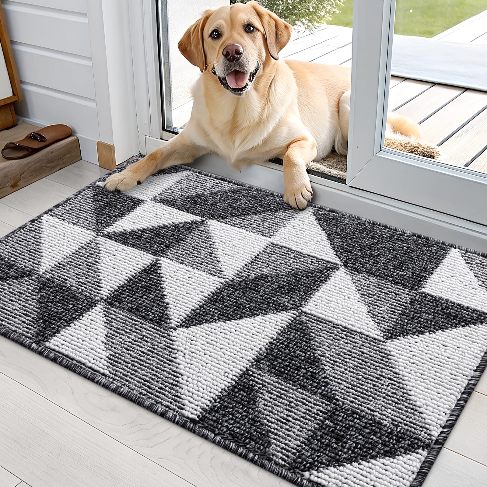 OLANLY door mat with geometric pattern traps dirt while elevating entry appeal.