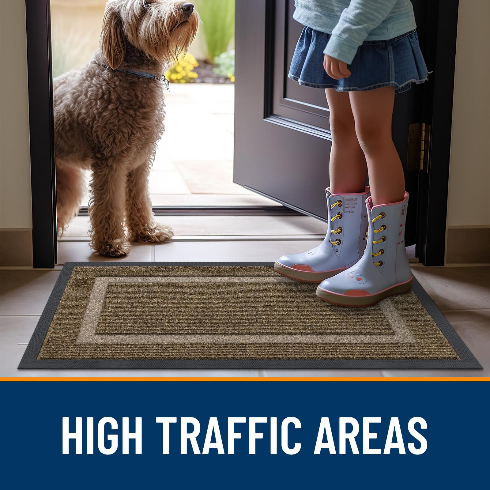 OLANLY door mat welcomes guests while reducing indoor mess in high-traffic areas.