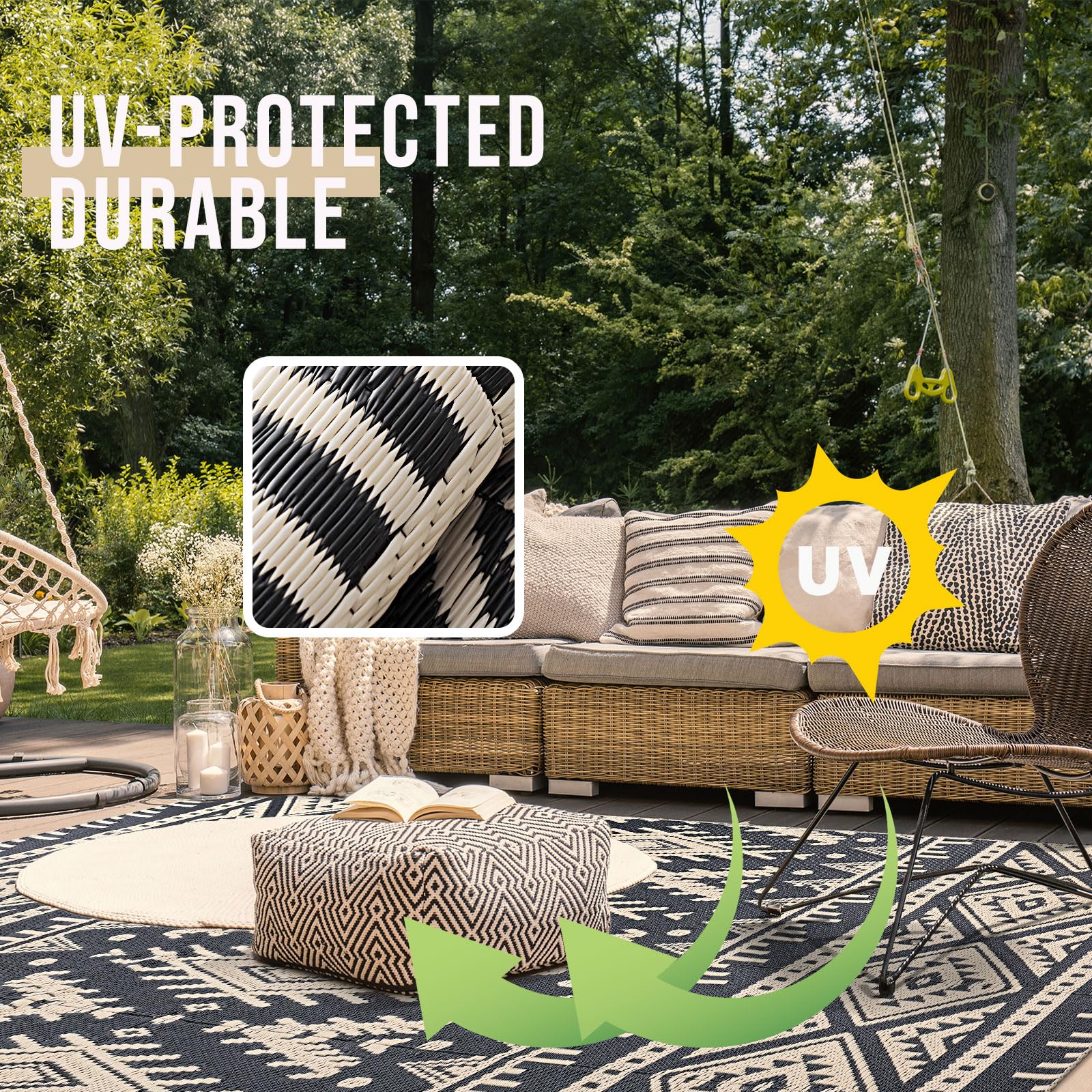 OLANLY foldable patio rug with carry bag makes transport to camping or picnics effortless.