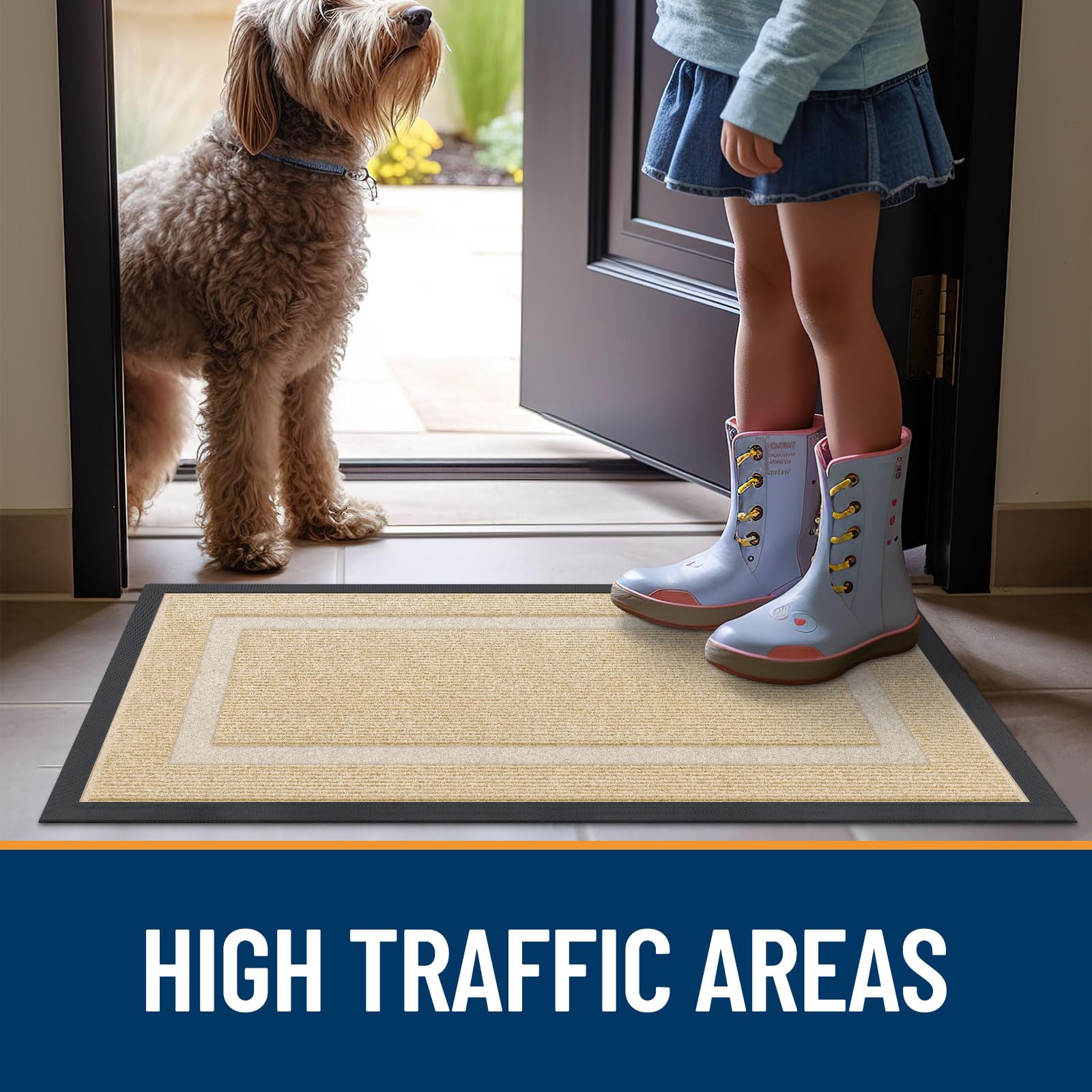 OLANLY beige mat performs in high-traffic areas.
