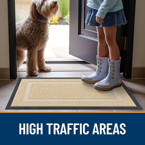 OLANLY beige mat performs in high-traffic areas.