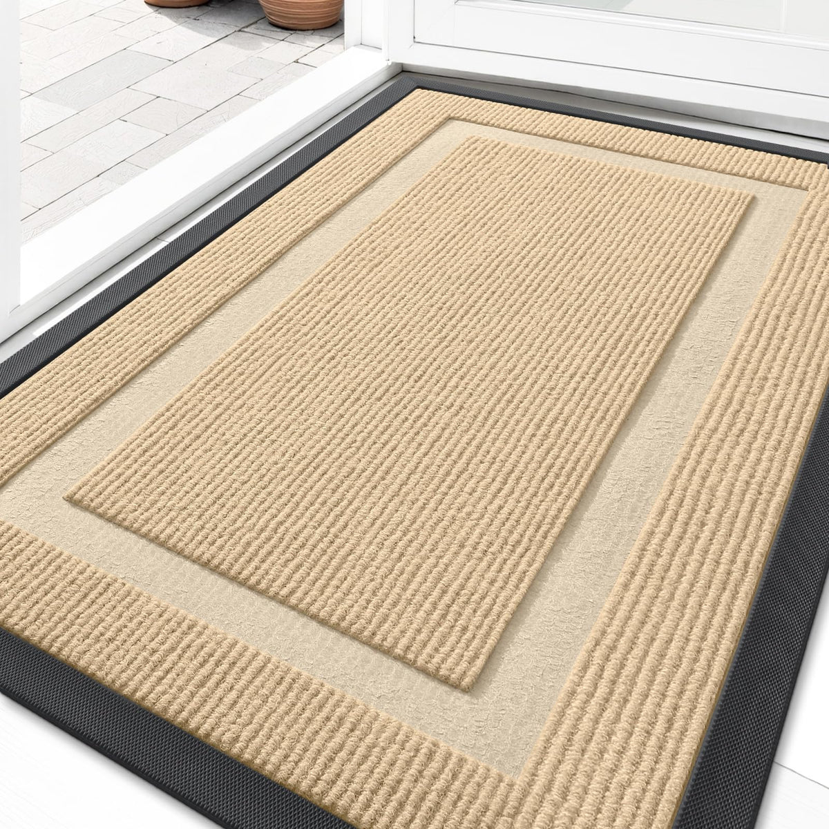 OLANLY front door mat beige with rubber backing for durable indoor-outdoor use.