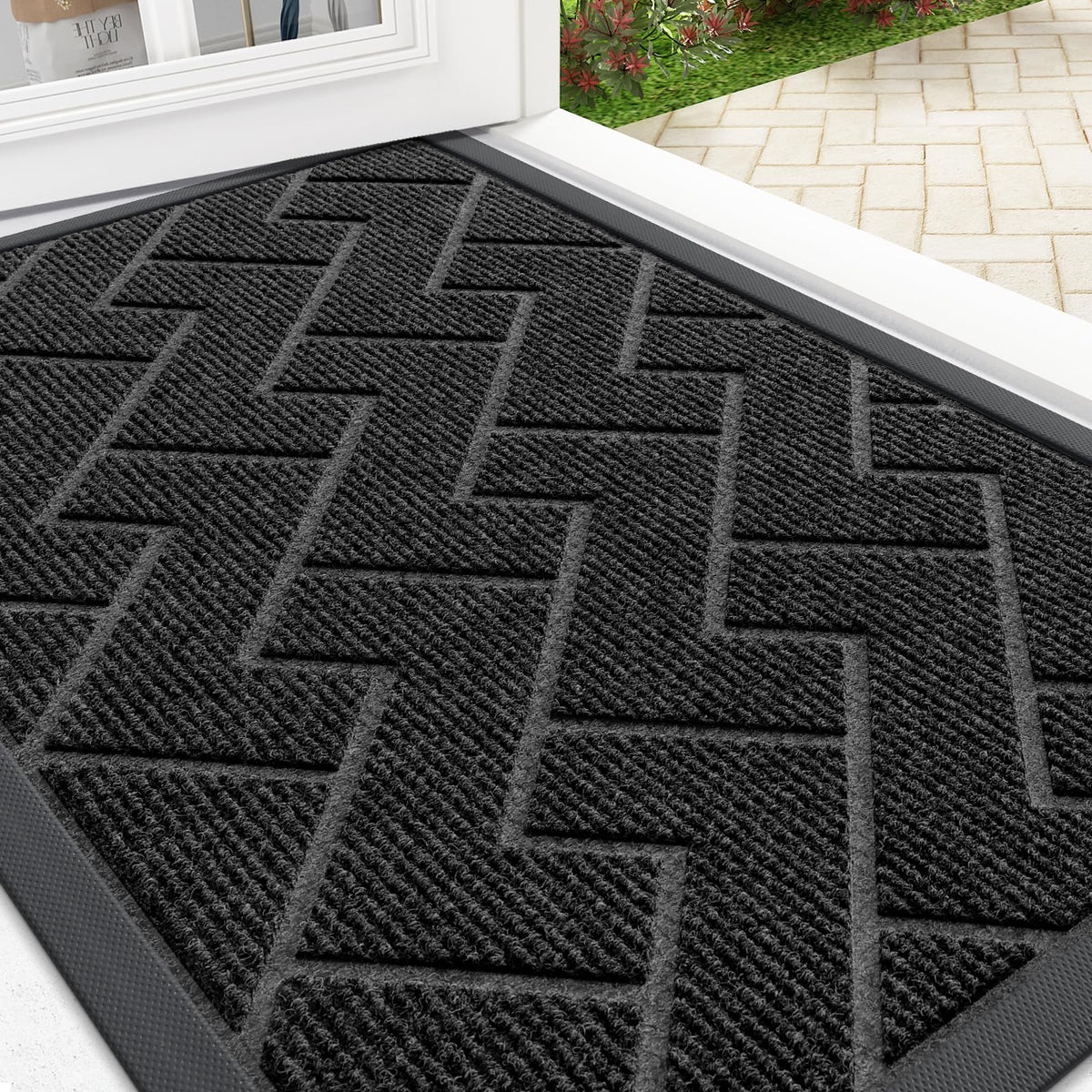OLANLY front door mat in black herringbone brick texture for durable entryway protection
