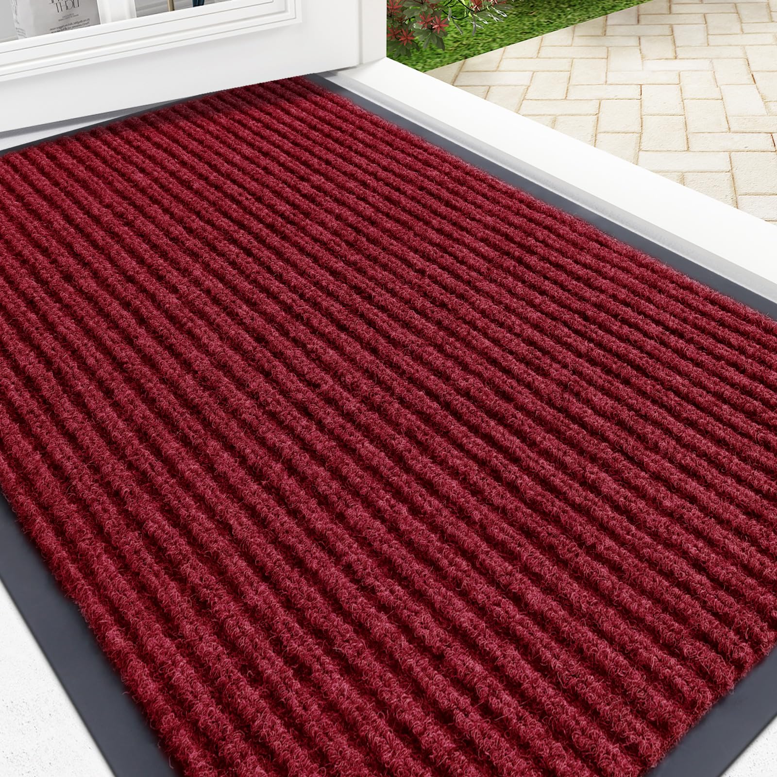 OLANLY front door mat in wine red for durable outdoor entry.