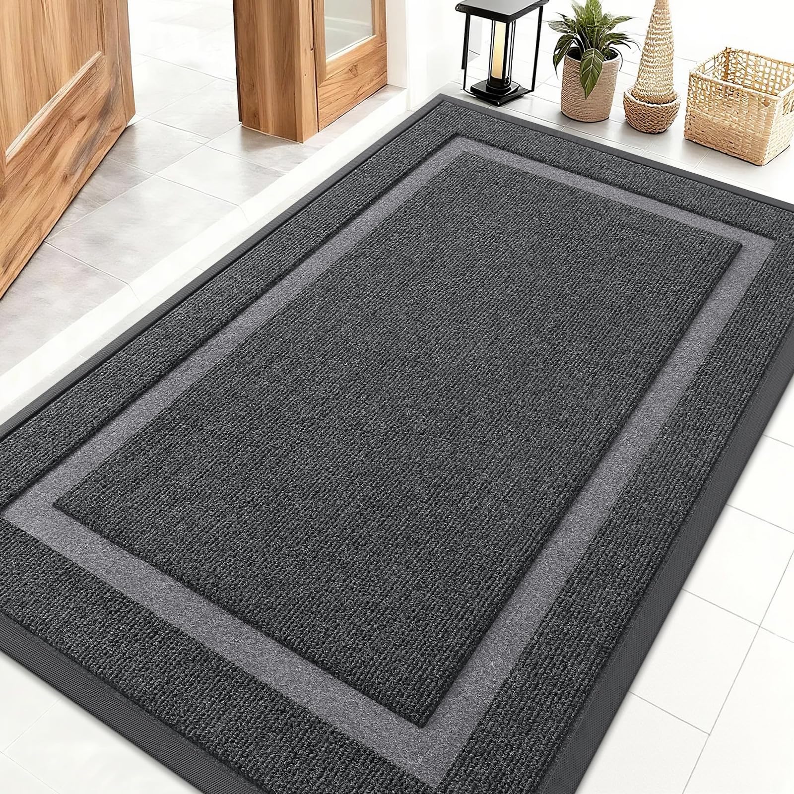 OLANLY front door mat in grey captures dirt from shoes and keeps floors clean.