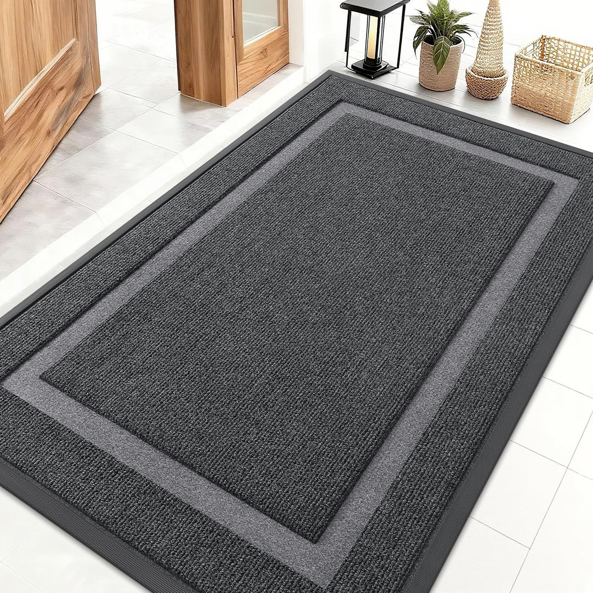 OLANLY front door mat in grey captures dirt from shoes and keeps floors clean.