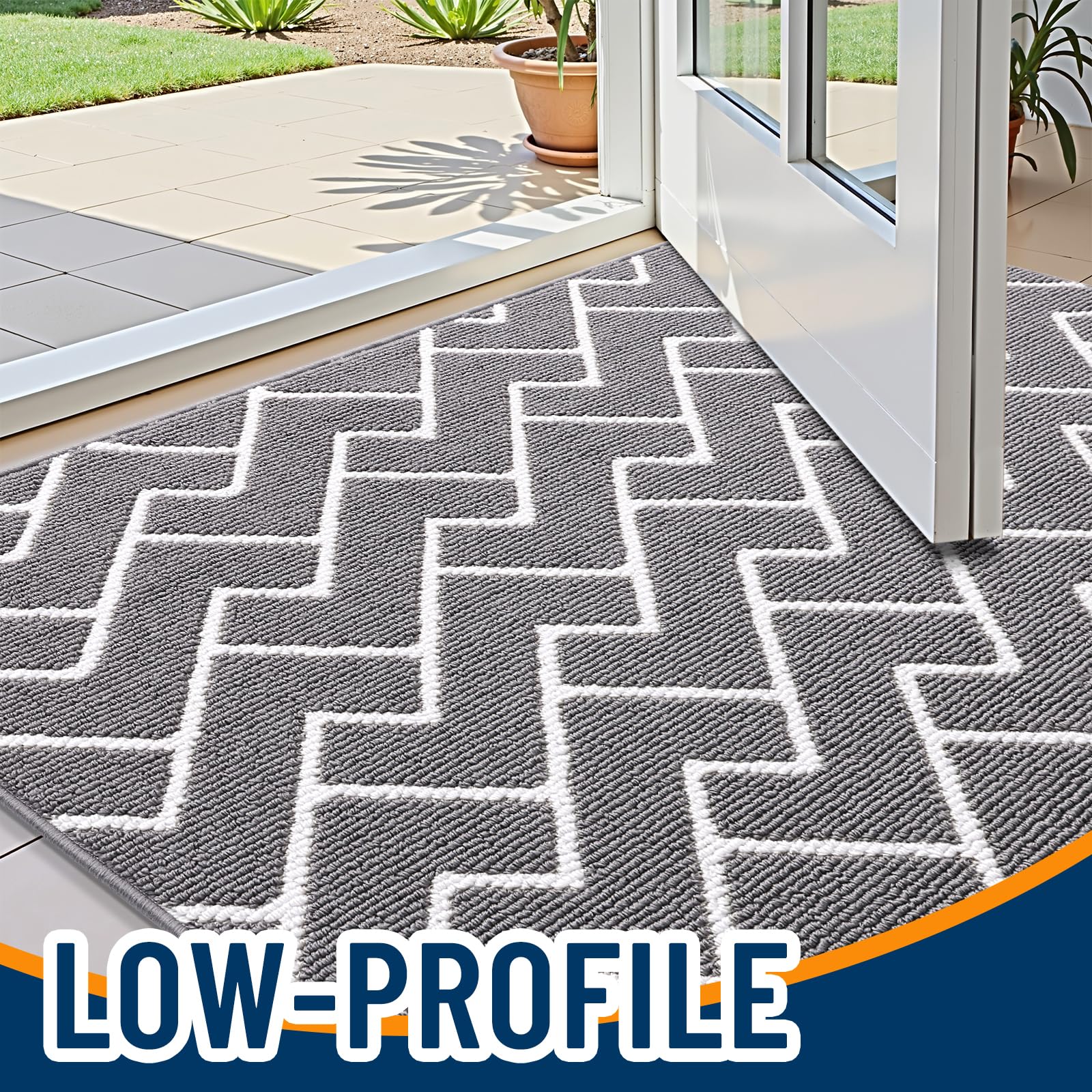 OLANLY front door mat features a low-profile design that fits under doors.